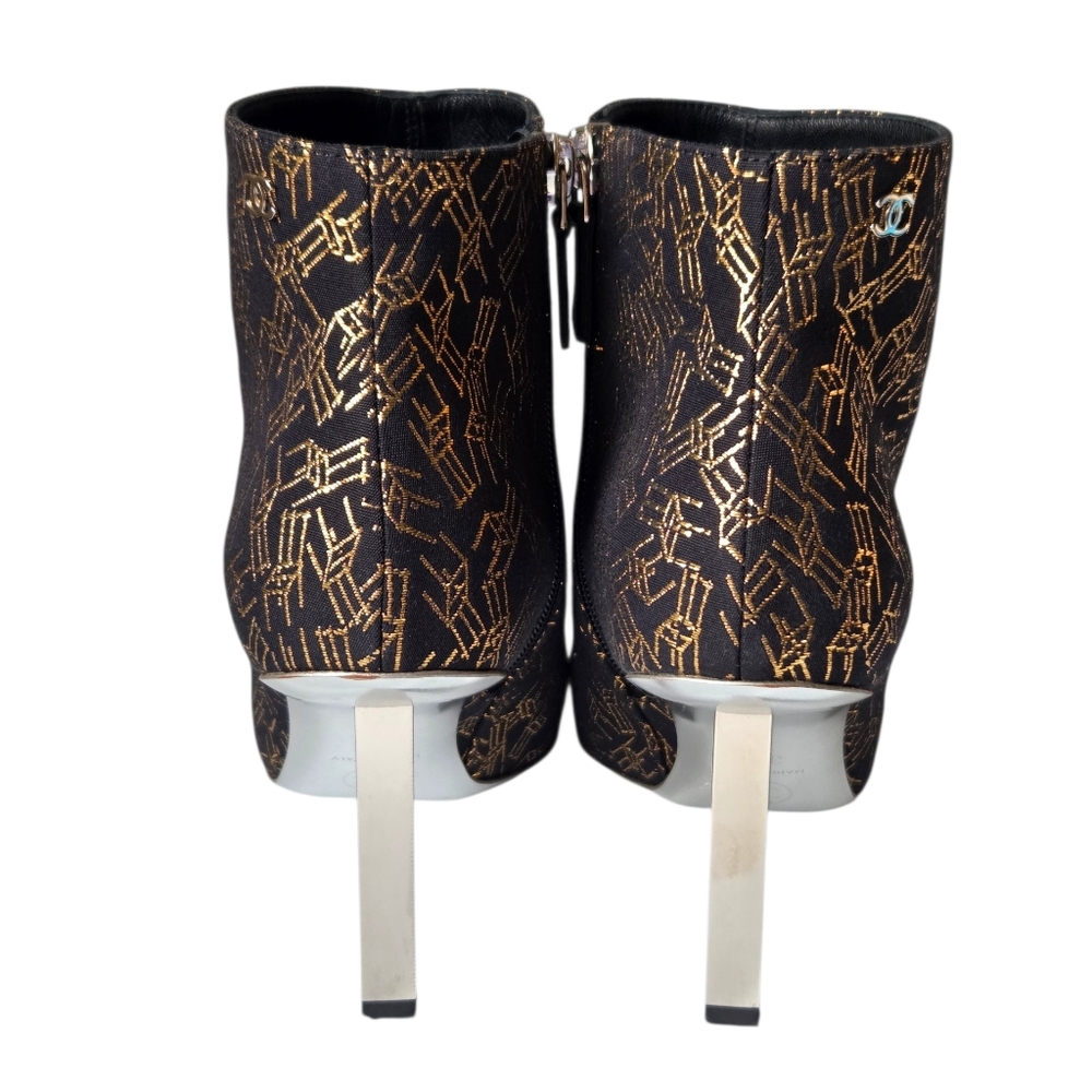 CHANEL CC Logo Cap Toe Ankle Boots With Metal Ruler Heels Gold Chair Print 37.5 - Picture 9 of 16